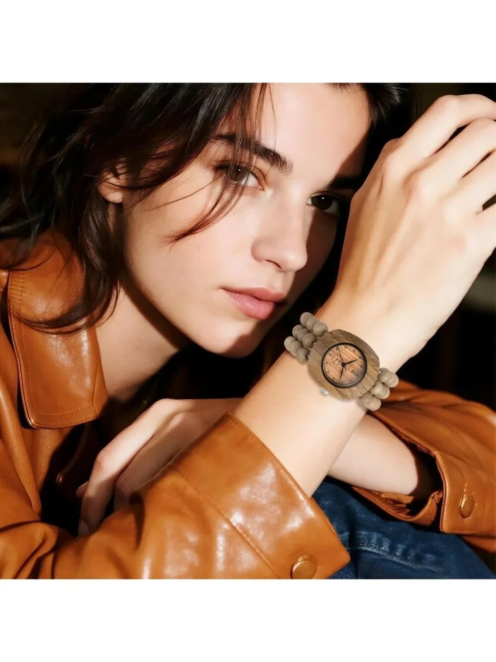 Women's Beige Analog Quartz Buddhist Beaded Bracelet Elastic Wrist Wooden Watch
